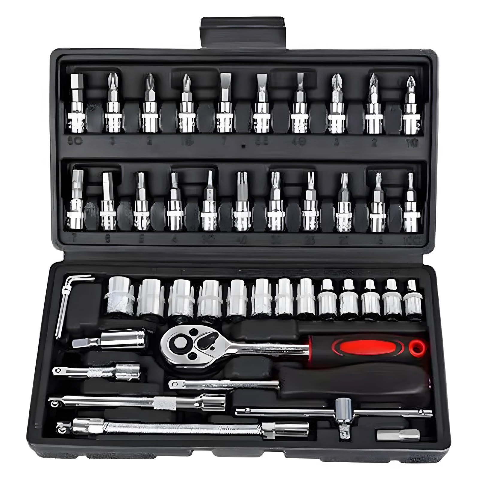 Socket Set 46 Piece 1/4 Inch Tool Sets Ratchet Set for DIY Enthusiasts Car Tools & Equipment Small Socket Set Extension Bars for Household Car Bike Motorbikes Repair - Compact Household Tool Kit