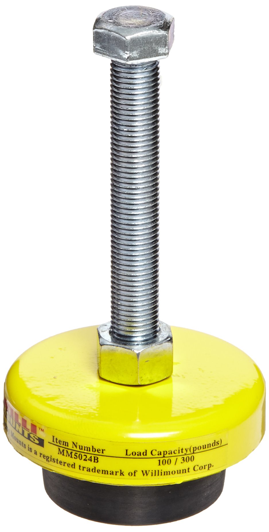 J.W. Winco"Mighty Mount" 7T3FA0 Series MM100 Steel Heavy Duty Threaded Stud Type Vibration Mount, Yellow Powder-Coated Finish, Inch Size, 3/8-24 Thread Size, 100/300lbs Load Capacity Range