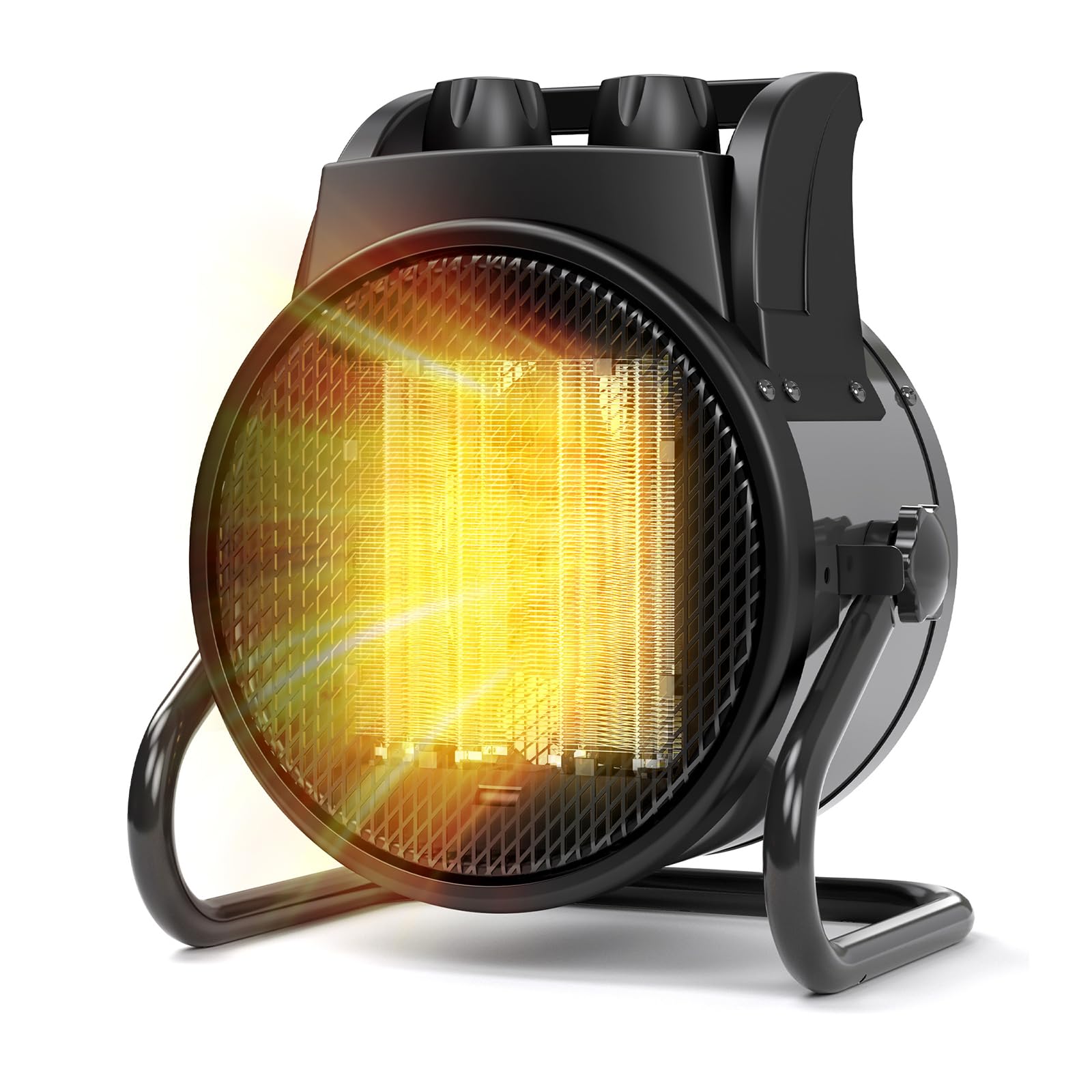 Image of the Riseon portable electric space heater in a living room setting, showing fast heating capability and 1500W power.