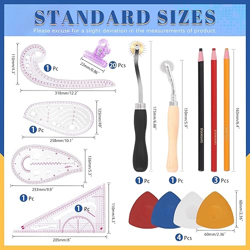 Miniatura 2 de Glarks Juego de 33 reglas de costura métricas transparentes, 4 reglas de costura con patrón triangular, tiza, crayón, rueda de trazado y clips de