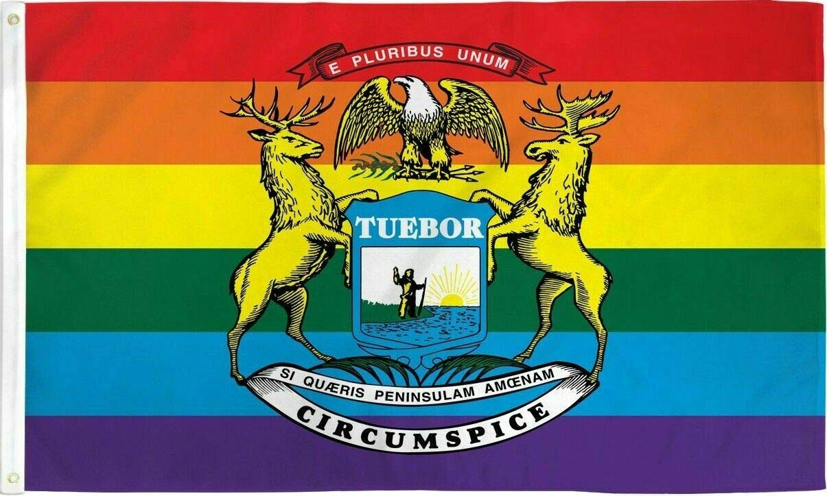 Michigan Gay Lesbian LGBTQ MI State Pride With Rainbow LGBT Flag 3x5 Ft - UV Fade Resistant Double Printed and Double Stitched 150D Polyester banner For Use Outdoor or Indoor (Michigan)