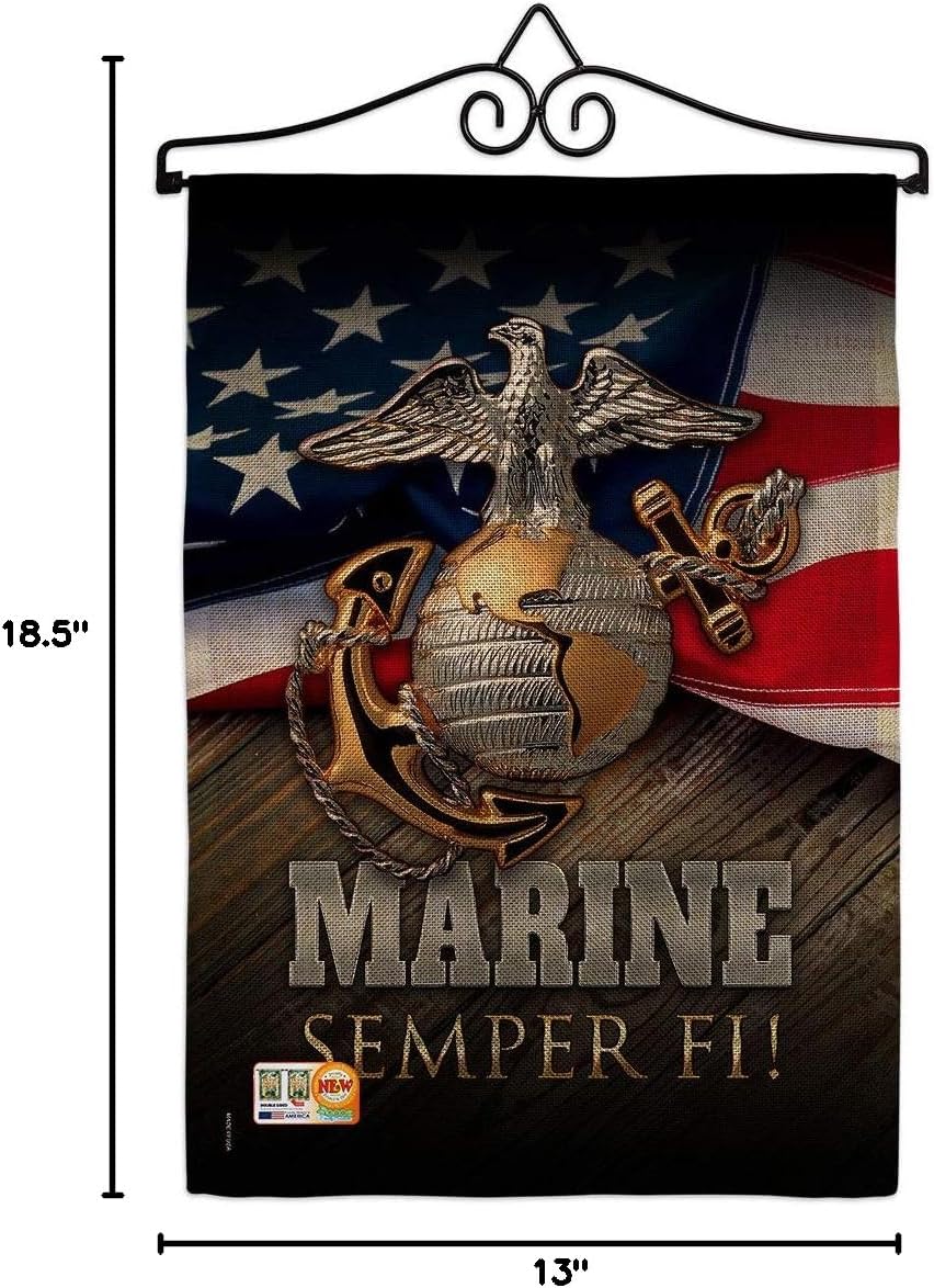 Marine Semper Fi Burlap Garden Flag Set Wall Hanger Armed Forces USMC United State American Military Veteran Retire Official Small Decorative Gift Yard House Banner Double-Sided Made in USA 13 X 18.5