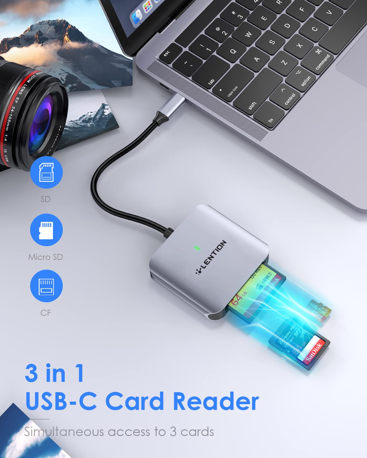 Lecteur De Carte SD/TF USB-C 3.0 LENTION - Double Slot, Ultra Rapide, Compatible MacBook, IPad, Smartphones Type C - 8