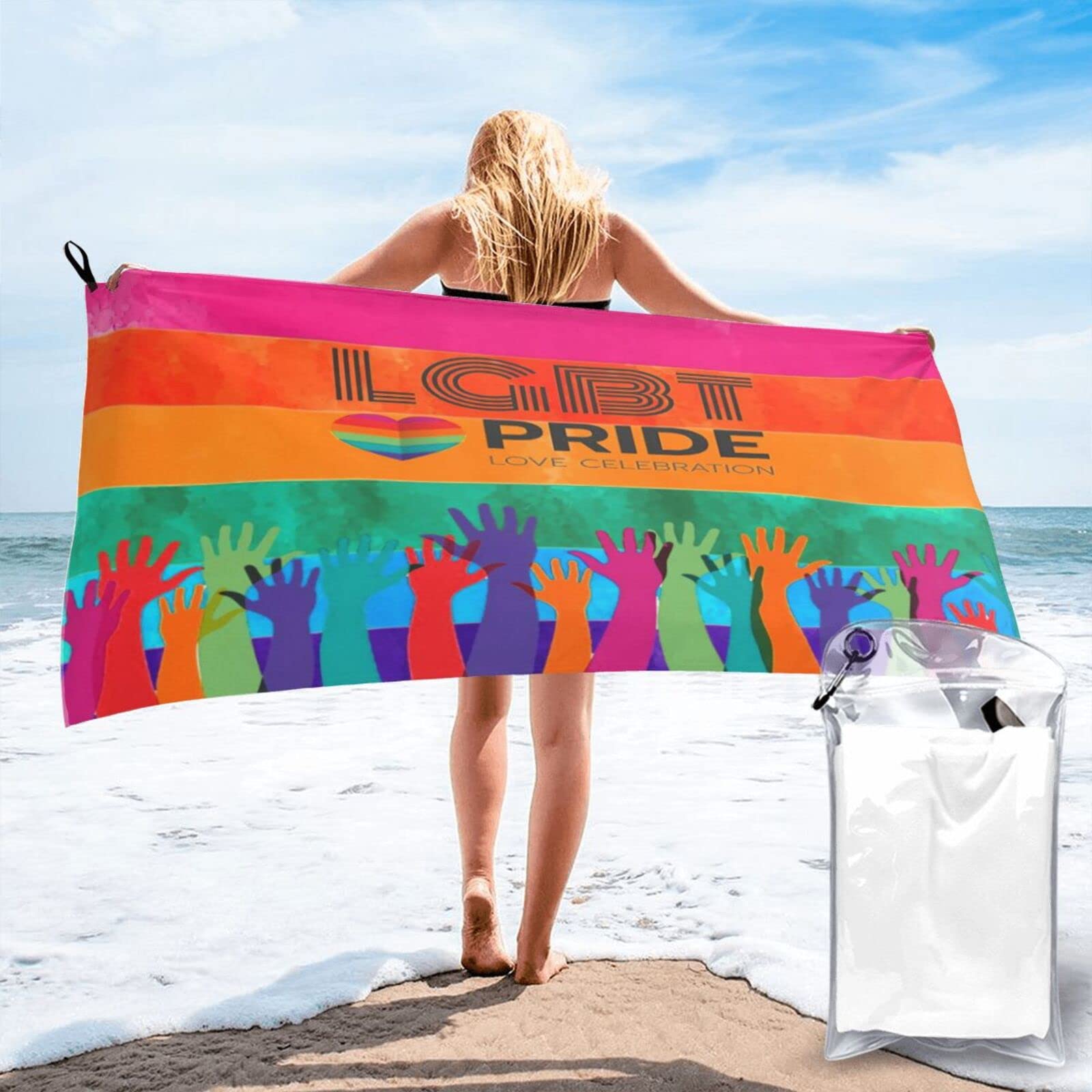 Lawenp LGBT Gay Pride Microfiber Beach Towel Adults Large Quick Drying Bath Towel Travel Towels with Pouch 31.5"x63"