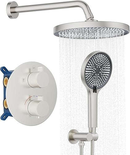 Sistema de ducha termostático de 10 pulgadas, cabezal de ducha de lluvia de 10 pulgadas, rociador de mano de 3 ajustes, juego completo de baño con