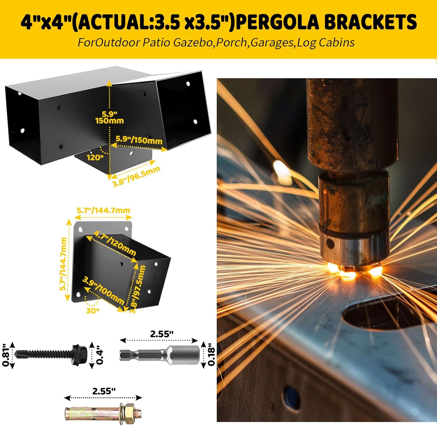Pergola Slanted Roof Bracket kit 4 Pack,3-Way 30-Degree Right Angle Corner Bracket with Wall Mount Post Base for 4x4 (Actual:3.5“x3.5) Lumber for Pergolas/Gazebos,Porchs - 4Pack