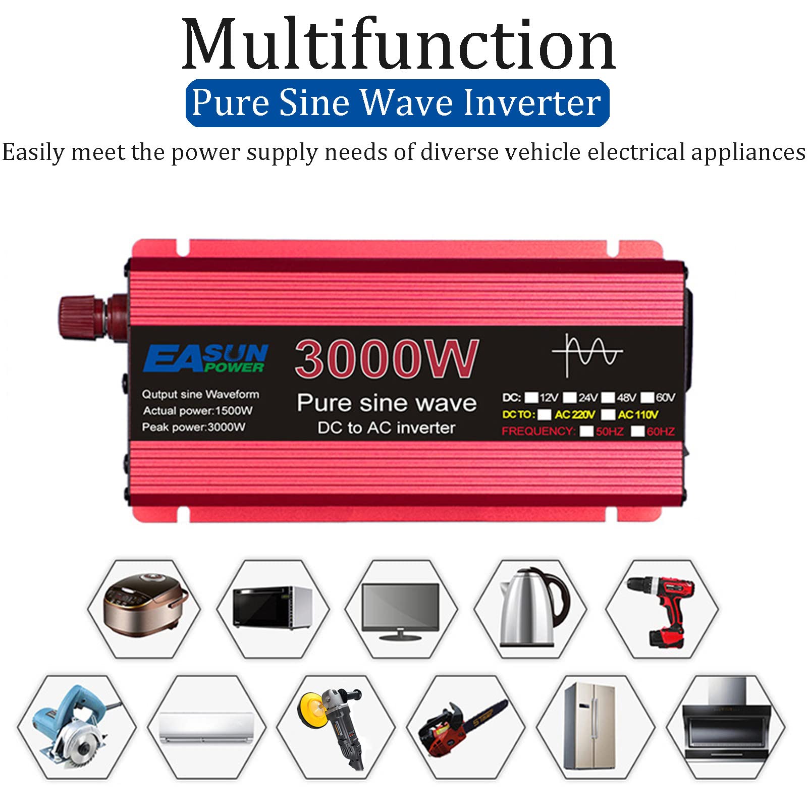 1000W/1600W/2200W/3000W Przetwornica Napięcia Samochodowego 12V/24V DC do 220V AC Samochód Ciężarowy Falownik RV Porty ładowania na Wycieczki Drogowe,24V-3000W
