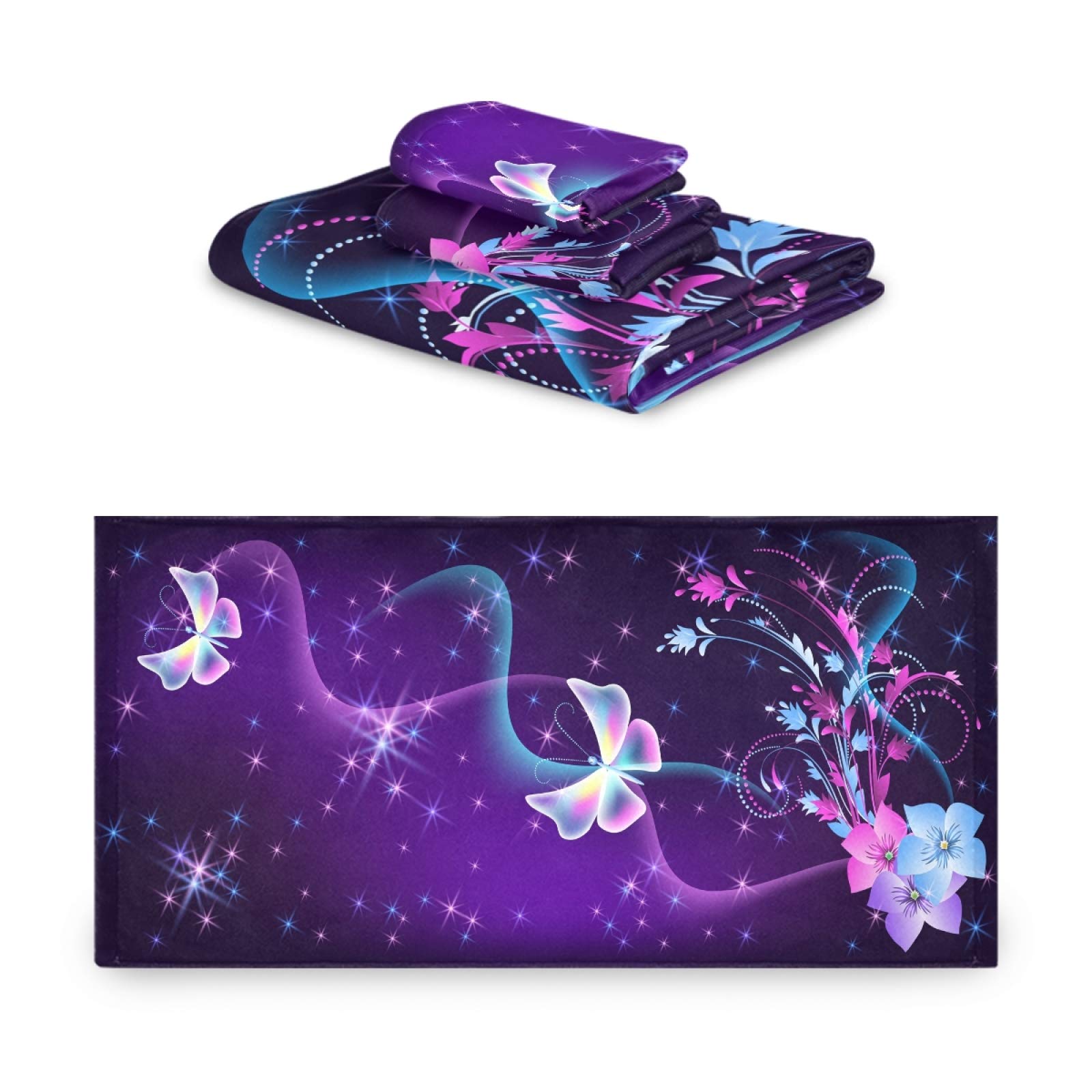 ALAZA Towels Set of 3 Butterfly On Purple Hand Towel Bath Towel Washcloth Soft Thin Face Guest Towel Kitchen Tea Dish Towels Bathroom Decorations Housewarming Gifts