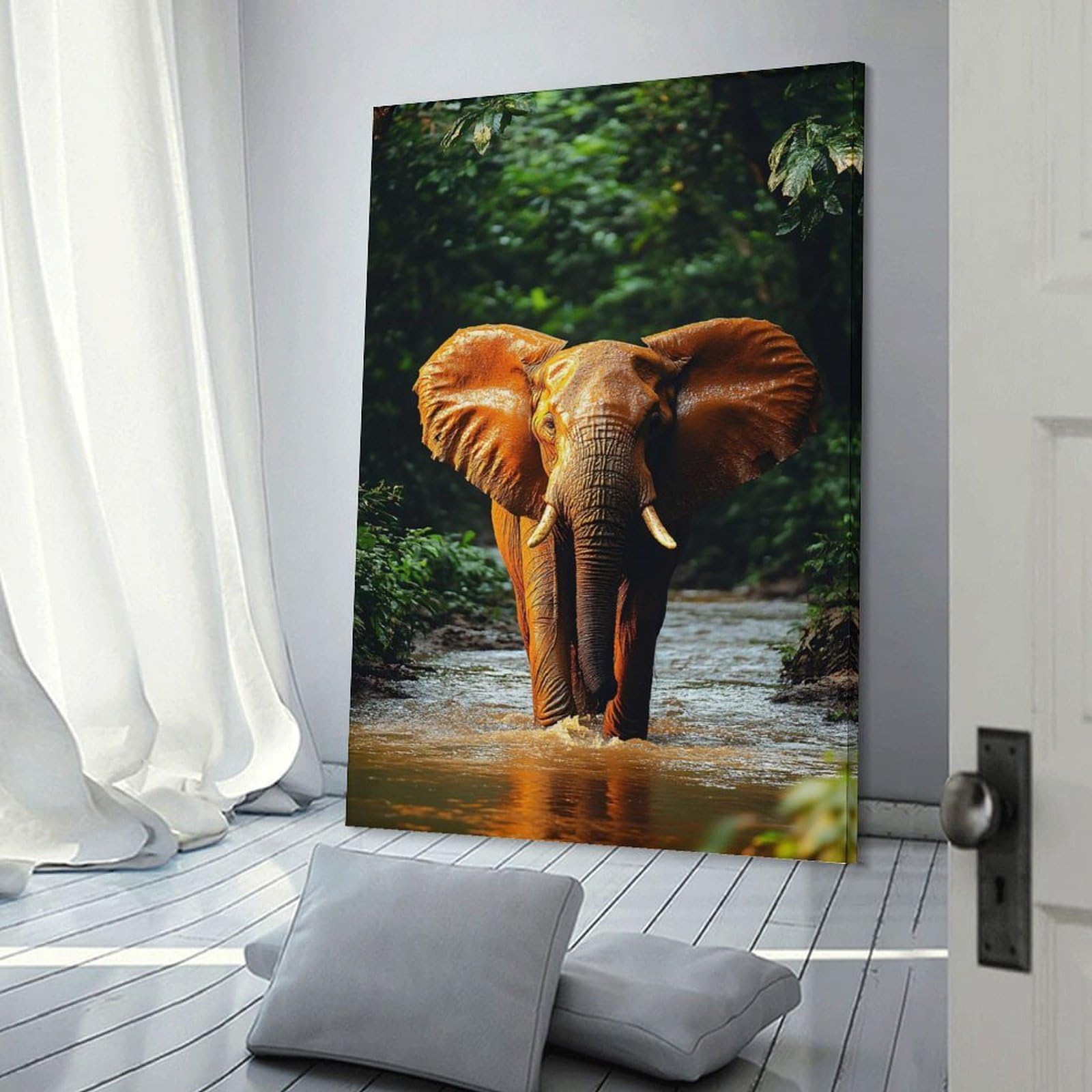 Junmoney Canvas Wall Art Elephant Wading through River in Jungle, 20x30inch(50x75cm), for Living Room, Bedroom, Office Or Hallway, Decorative Artwork with Broad Appeal