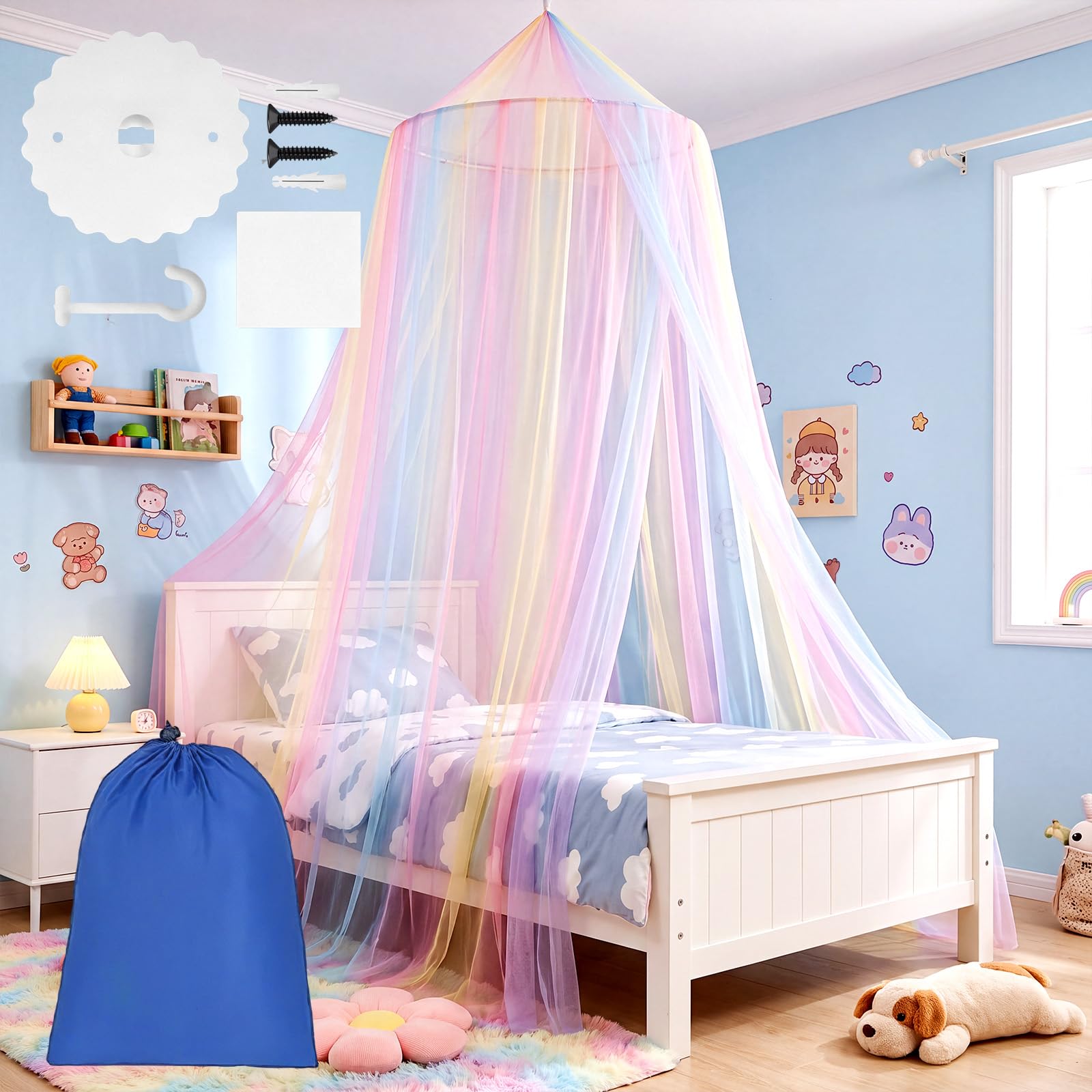 Gusmigus Mosquito Net Travel 60 x 250 x 1100 cm Fine Mesh Mosquito Net Bed for Beds, Includes Hooks and Storage Bag - Ideal for Home, Travel, Indoor & Outdoor (Rainbow)