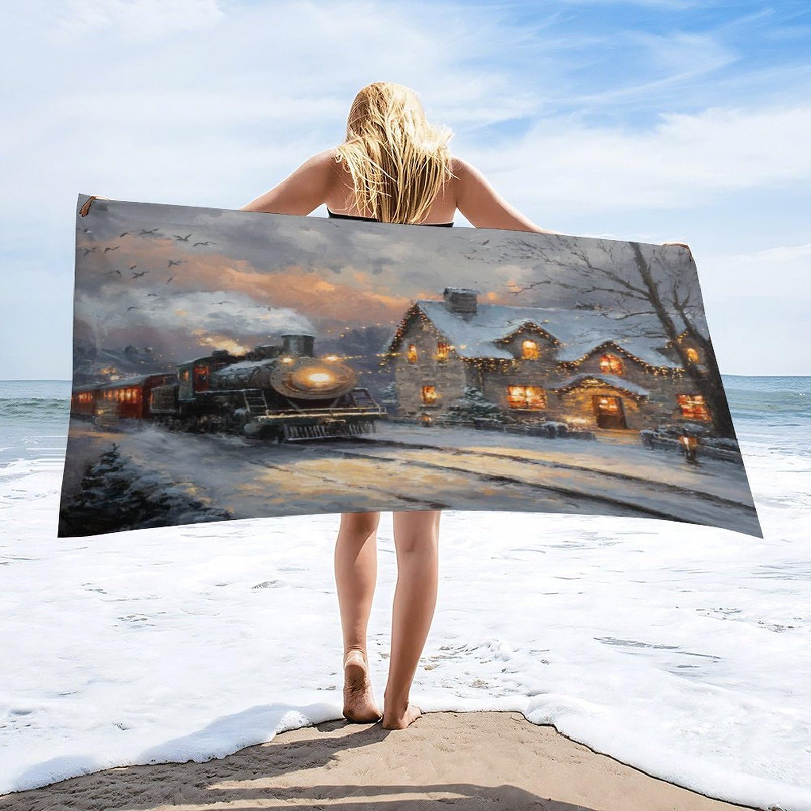 Luyysky Fantasy Vintage Antique Train Absorbent Beach Towel, Modern Realistic Christmas Sunset Snowy Landscape Steam Train Outdoor Single-Sided Velvet Beach Towel-80 W Cm X 160" L Cm