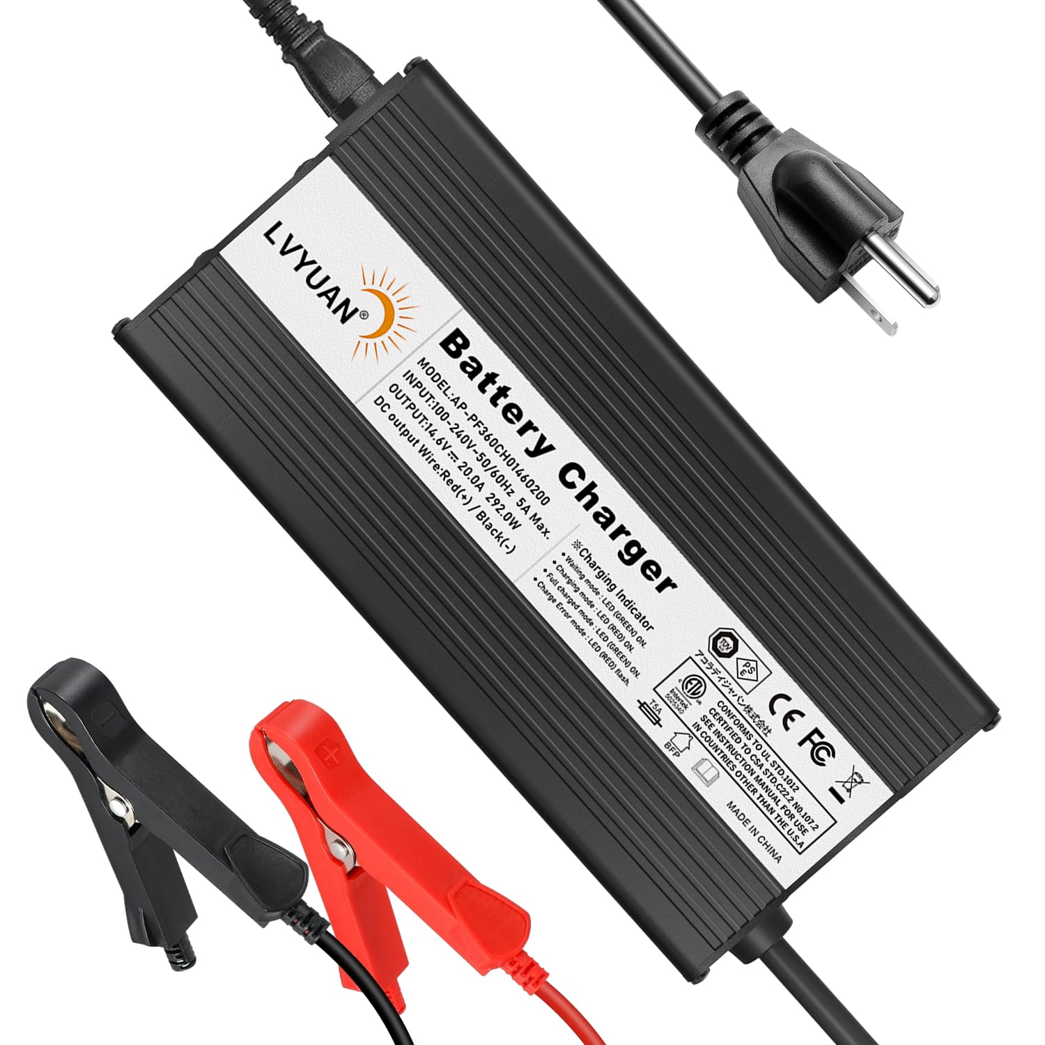 LVYUAN 14.6V 20A LiFePO4 Battery Charger, Automatic Smart Battery Charger and Desulfator Maintenance with Smart Chip for LiFePO4 Lithium Batteries deep Cycle Battery, Ul Certification