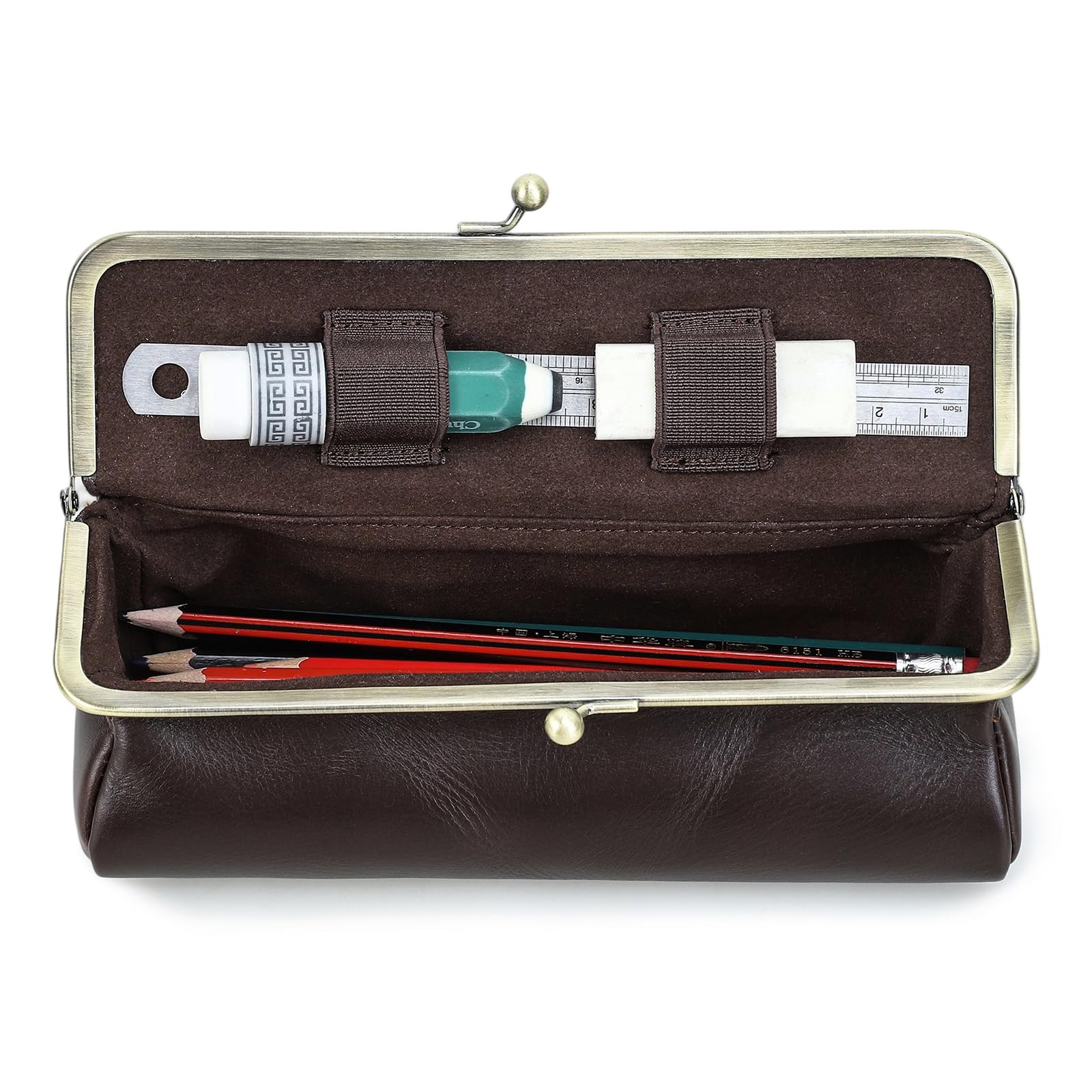 CONTACTS Genuine Leather Pencil Case Handmade Vintage Pen Case Travel Pouch Office University College for Women Men Stationary Organiser Large Capacity