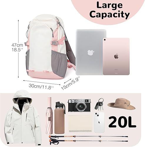 Miniatura 3 de Mochila pequeña de senderismo rosa impermeable de 20L con correa para el pecho para mujer, mochila de viaje ligera con correas acolchadas para avión