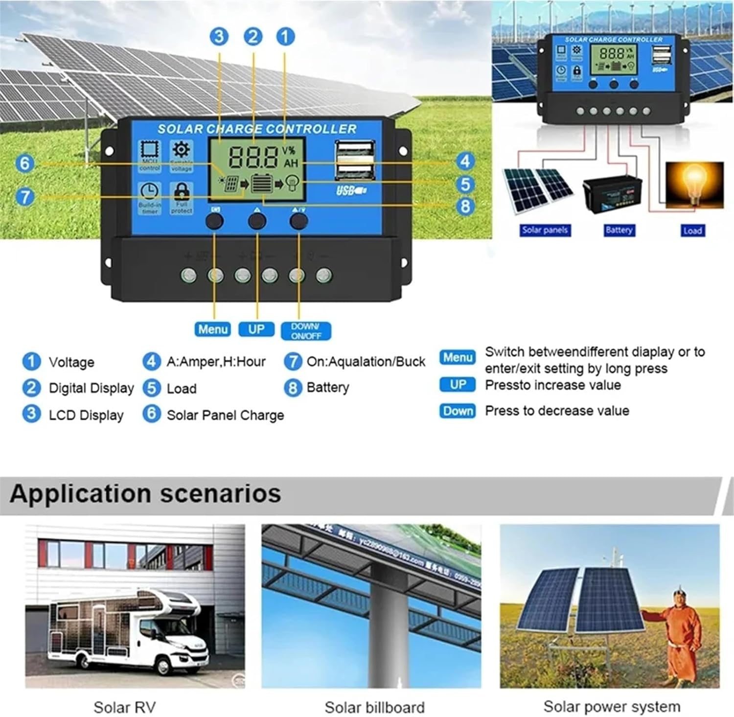 PWM Solar Charge Controller 12V/24V 10A 20A 30A Battery Charger and Dual USB 5V Output for Solar Panel PV System Build-in Off Grid(10A)