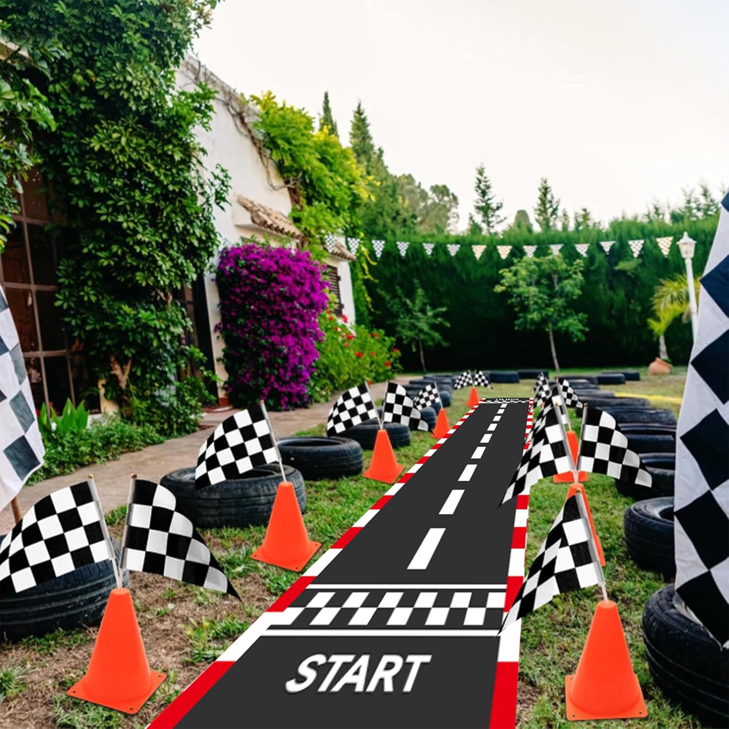 Patimate Race Car Birthday Party Decorations, 70 pcs Traffic Cones With Hole, Checkered Flags, Racetrack Floor Runner and Black Red Yellow Balloons for Car Themed First Birthday Party Supplies
