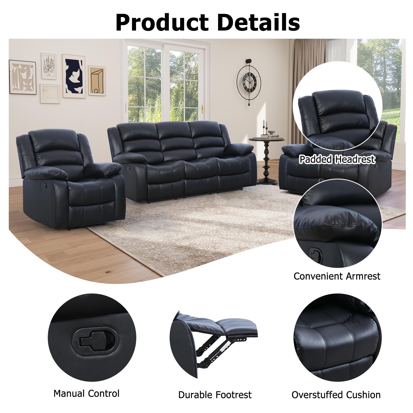 EBELLO Manual Recliner Sofa Set, Faux Leather Reclining Couch Furniture Set for Living Room, Includes 1 Recliner Chair, 1 Loveseat Sofa and 1 3-Seater Reclining Couch, Black view 3
