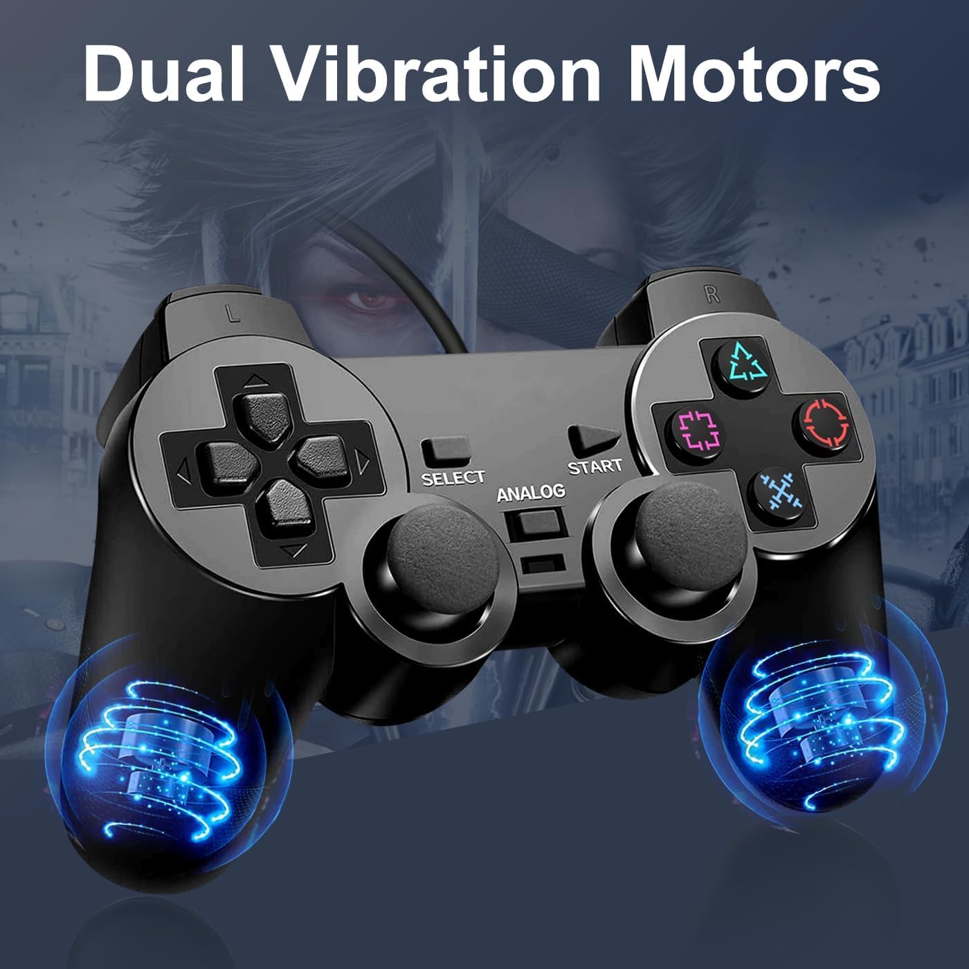 FLLAGG20 | 2X Manette filaire Compatible avec PS2, noir | Compatible PS2, PS1, PSX | Double vibration, boutons analogiques, prise en main ergonomique | Expérience de jeu Joystick Controller