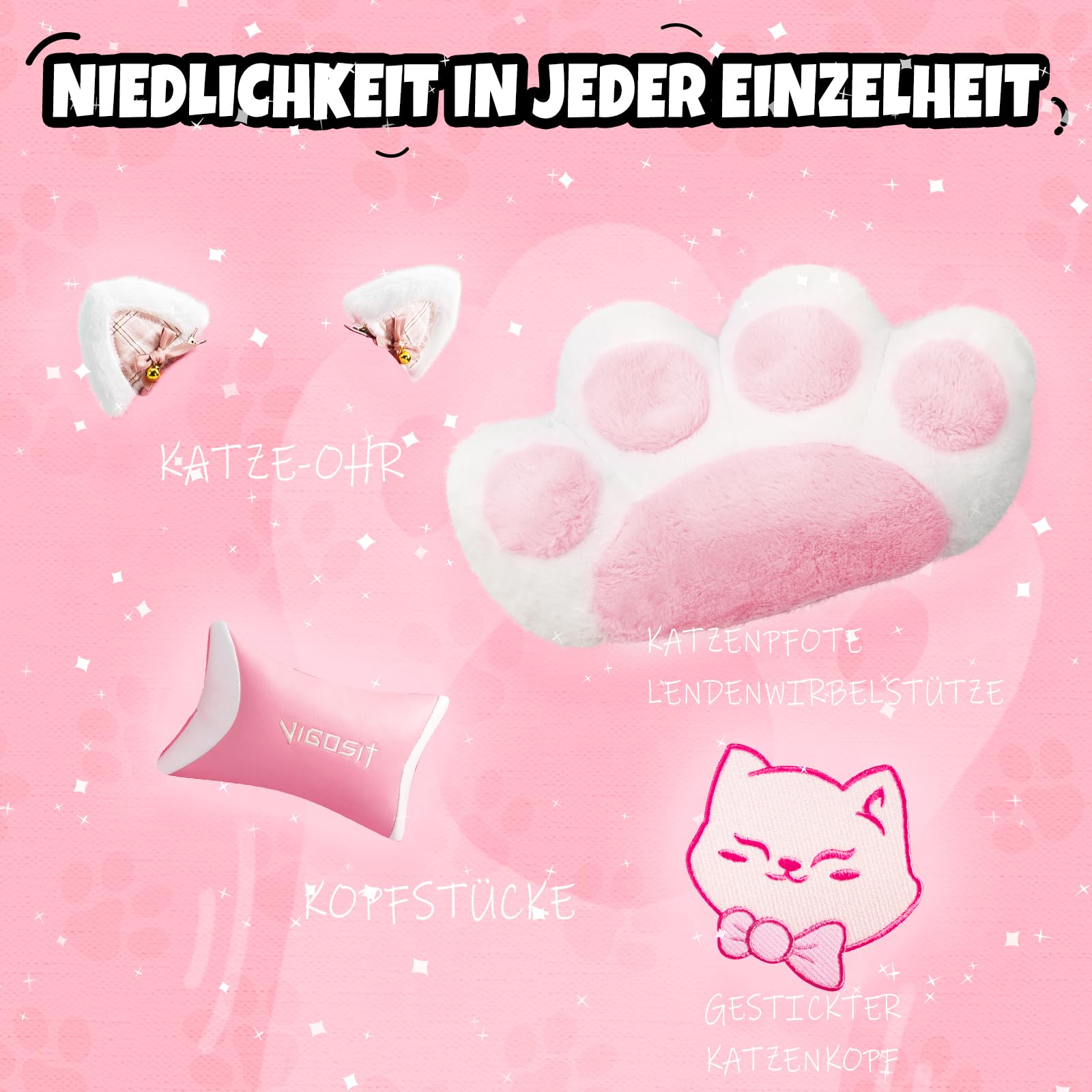 Vigosit Chaise de jeu PC mignonne, ergonomique, avec coussin lombaire et oreilles de chat, repose-pieds réglable, pour filles, adolescentes, enfants, rose