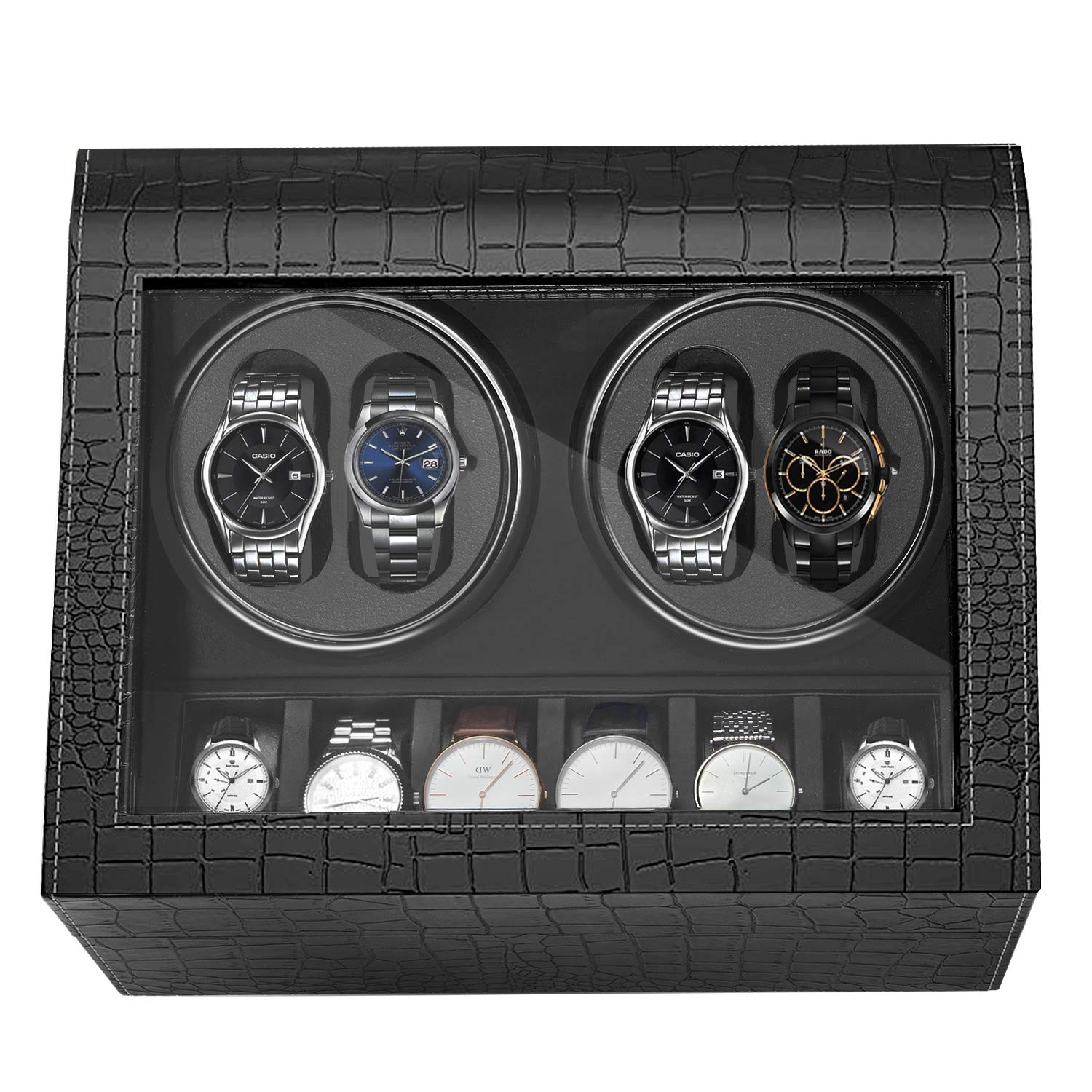 HBselect Caja Relojes Automáticos Silenciosa Giratoria (para 4+ 6 Relojes) Negro Clásico - Bobinadora Mecánica