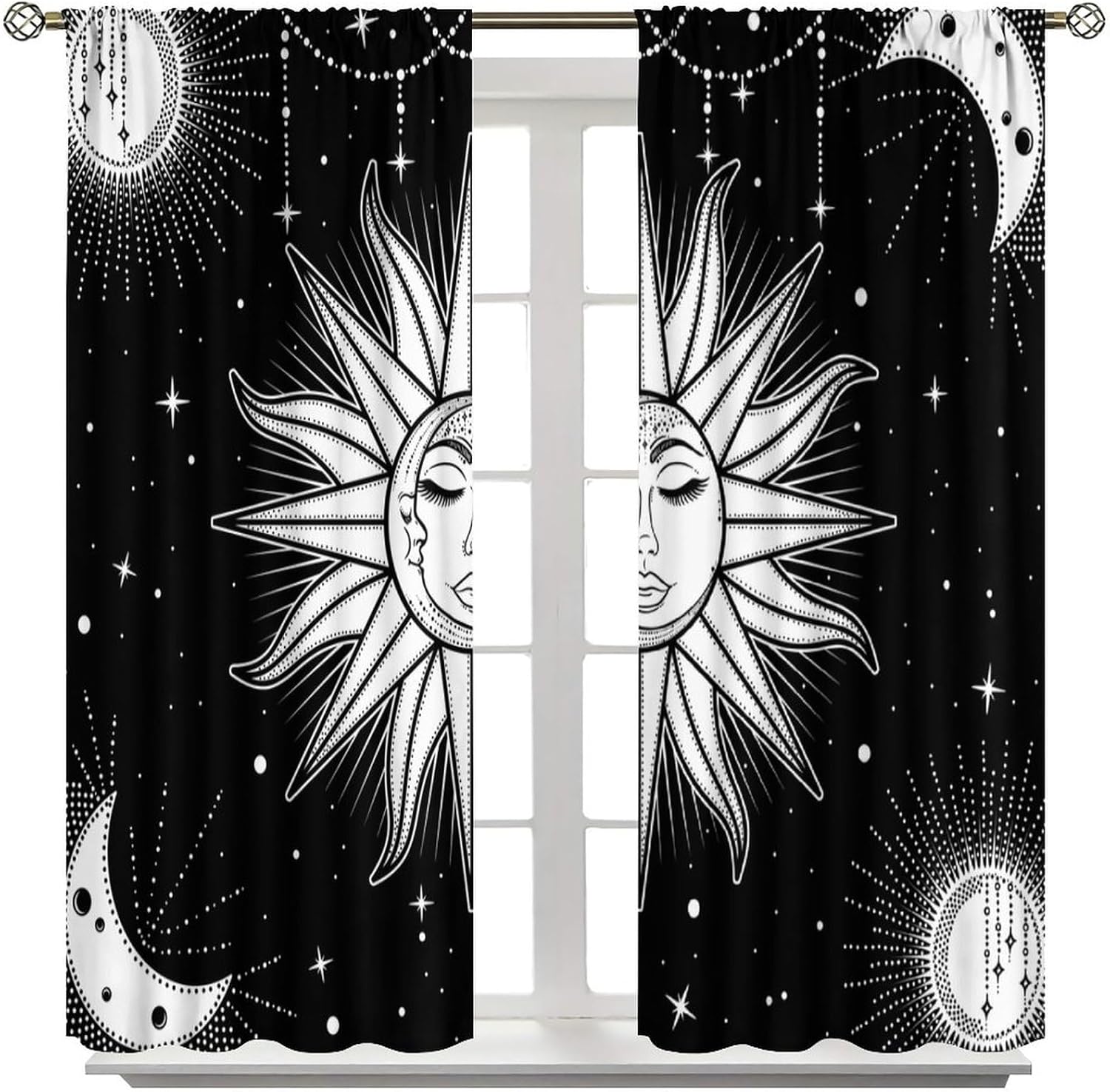 Sun Moon Blackout Curtains Abstract Aesthetics Stars Sun Moon Bohemian Tribal Exotic Black White Mystic Art Printed for Bedroom Living Room Bathroom Decor Rod Pocket Window Drape 63x63in