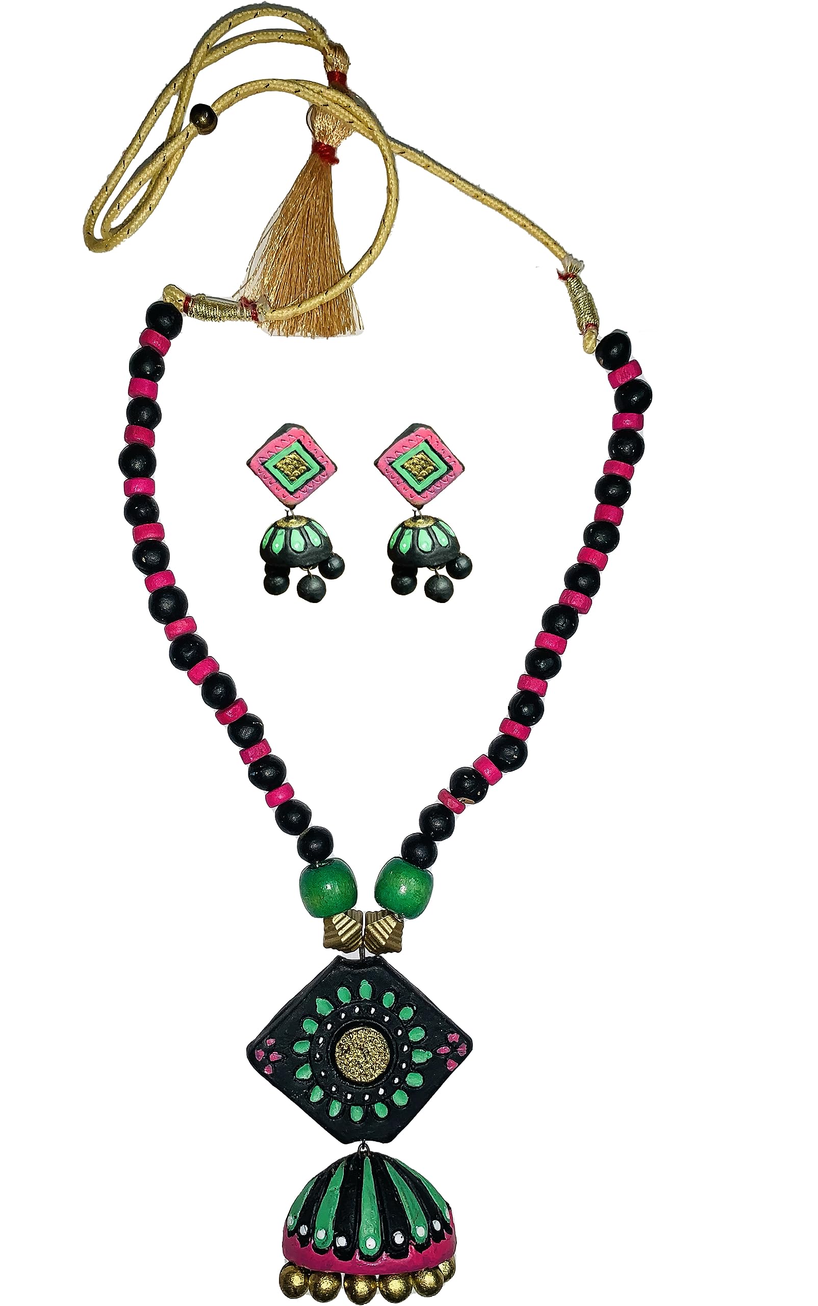 SharanyaD Terracotta Handmade Jewellery Set with necklace and earring, Womens Contemporary Terracotta Necklace - Barfi Jhumka (Black) (B0CFYPZNSJ) Amazon Price History, Amazon Price Tracker