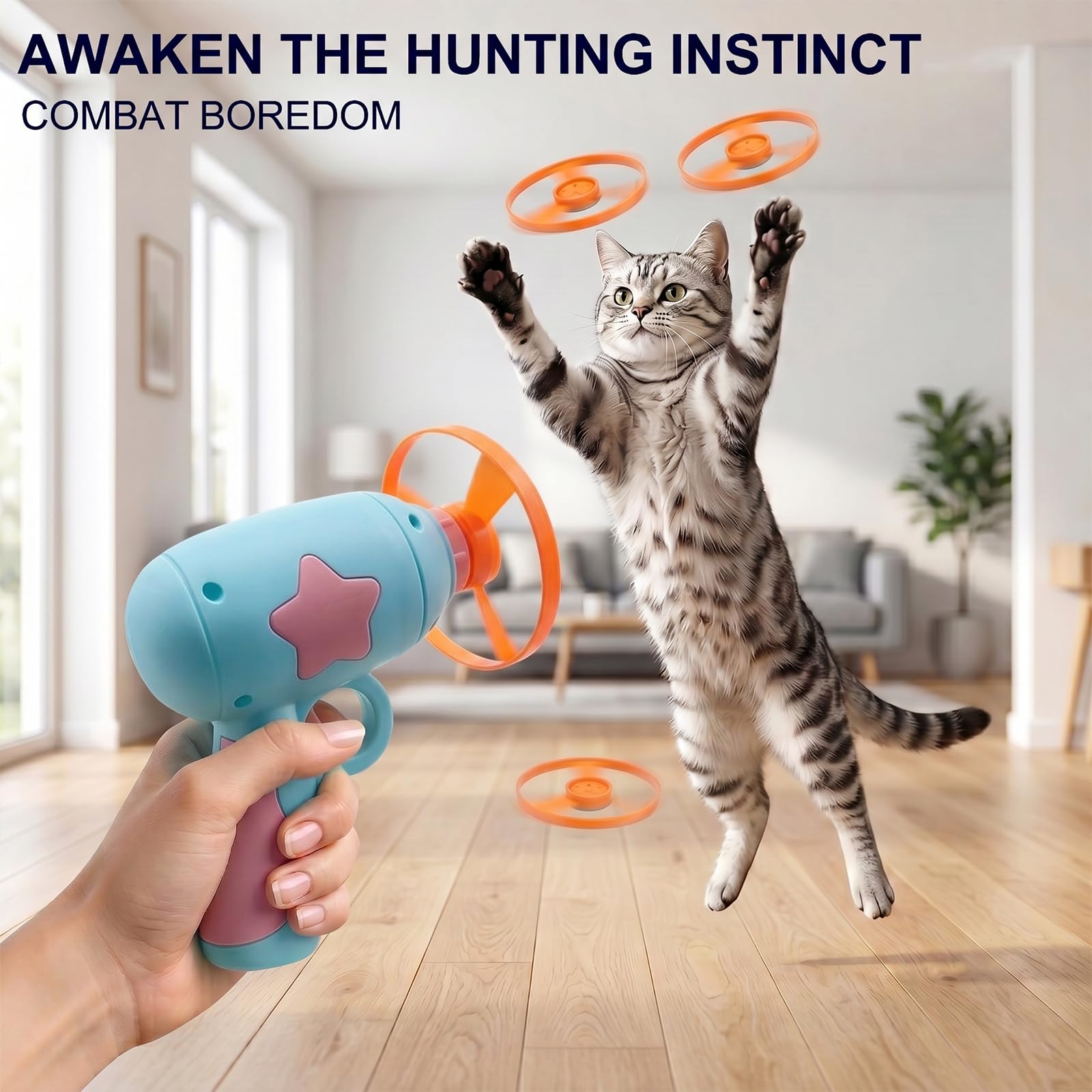 2 Stück Katzen Spielzeug Interaktives, Katzenspielzeug Set mit 2 Blau Launchers und 20 Bunten Flugscheiben, Propeller Spielzeug für Katzen, Cat Fetch Toy für Indoor und Outdoor Training Jagen Schlagen