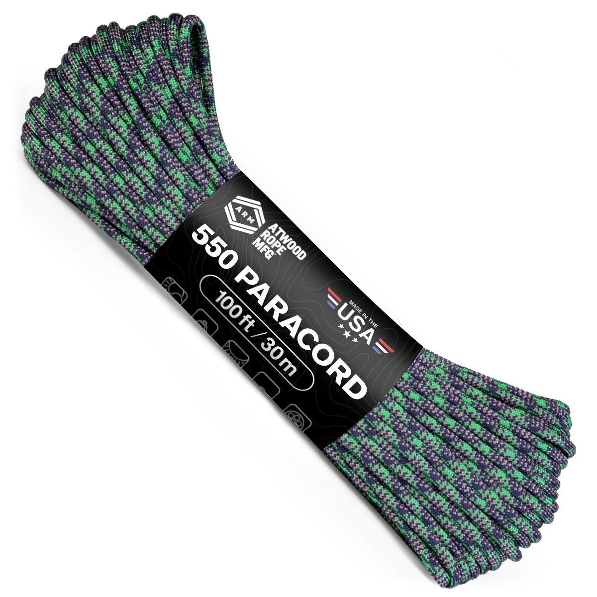 Atwood Rope MFG 550 Paracord 100 piedi 7-Strand Core Nylon Paracadute Cord esterno di sopravvivenza Gear Made in USA | cordini, bracciali, involucri per maniglie, portachiavi (Mackerel)