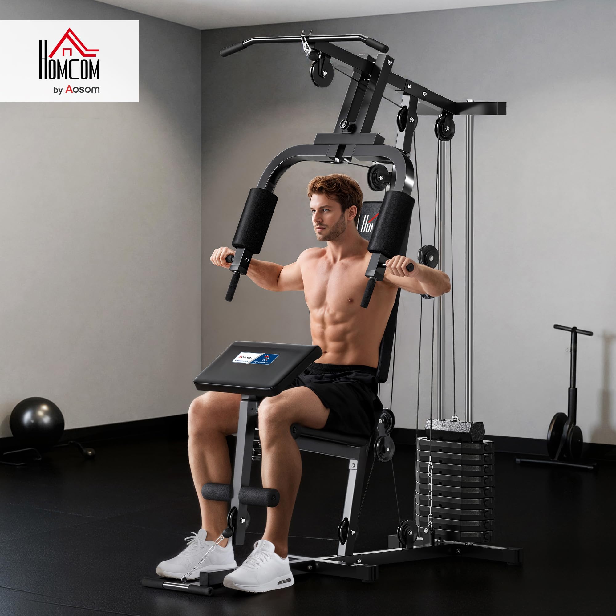HOMCOM Station de Musculation Fitness - Collaboration Aosom.FR x FFHandball - avec 12 Blocs de Poids de 5,5 kg entraînement Complet - 135 x 103 x 210 cm