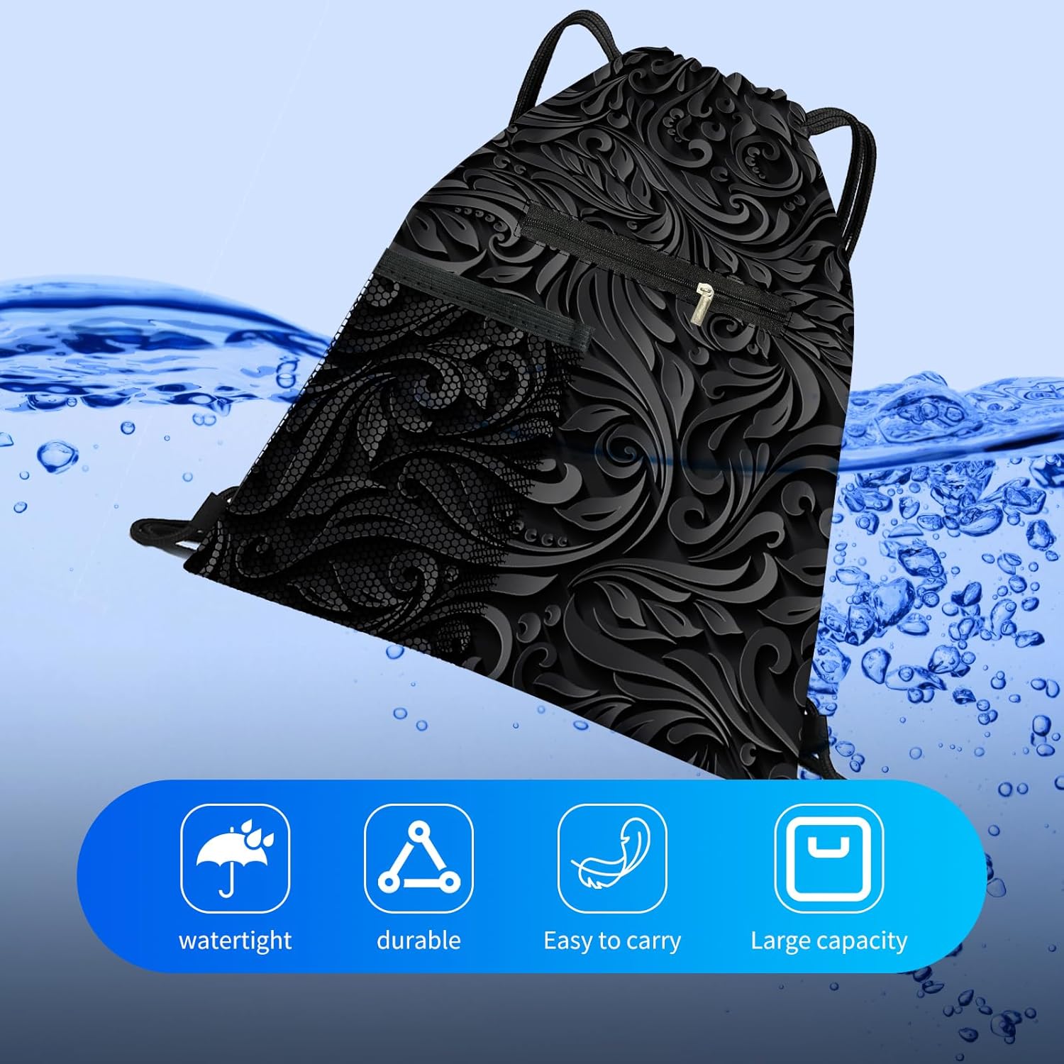 Drawstring Backpack Sports Gym Bag, Large String Swim Bag for Beach With Water Bottle Mesh Pocket, Cute Gym Sack with Zipper Pocket for Men Women Cute Black Floral - Image 3