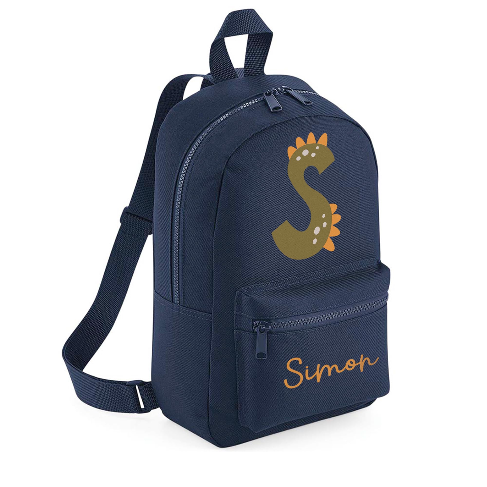 A1 Graphics Ltd Personalised Dinosaur Kids Backpack Custom with Name Choice of Colours Dino Alphabet School Bag with Adjustable Straps For Children & Toddlers (French Navy)