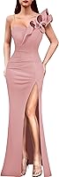 VFSHOW Women's One Shoulder Ruffle Ruched Prom Dress V-Neck Maxi Evening Gown with Adjustable Thigh Split