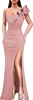 Womens Ruffle One Shoulder Strap Ruched Formal Prom Wedding Maxi Dress V Neck Elegant Split Cocktail Evening Long Gown - Buy now