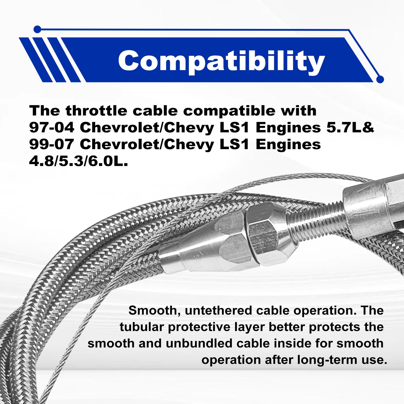Kit de câble d'accélérateur LS de 91,4 cm en acier inoxydable tressé compatible avec moteur Chevrolet/Chevy LS1 97-07 4,8 L 5,3 L 5,7 L 6,0 L