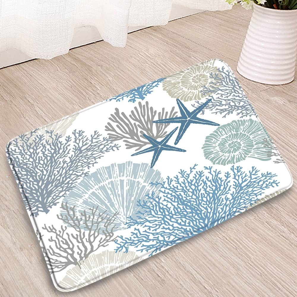 Nautical Coastal Bath Rug Starfish Seashell Coral Beach