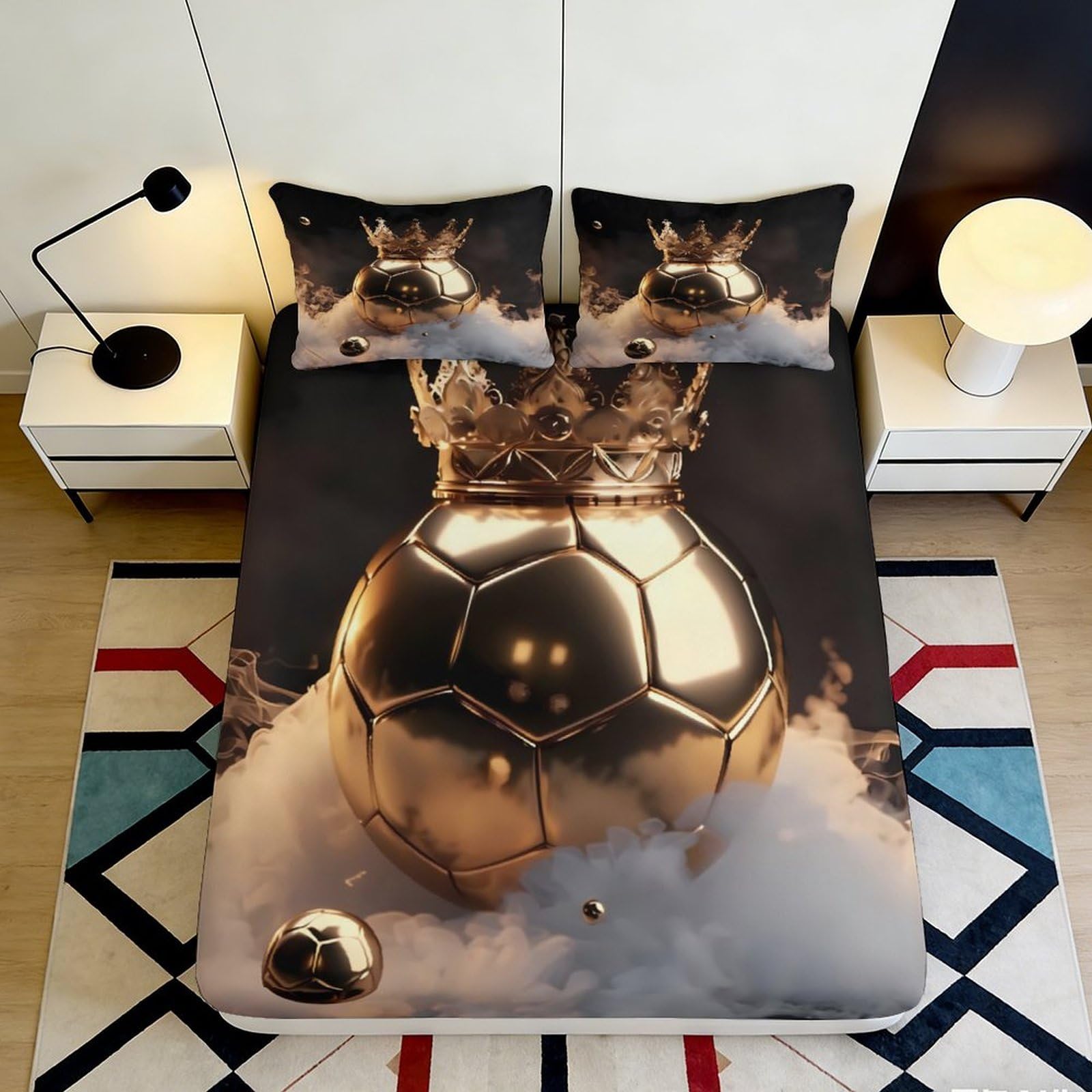 3D Printed Golden Crown Soccer Ball Fitted Sheet Microfiber Soft Breathable Smoke Effect Bed Cover for Bedroom Dormitory Guest Room Protection 120x200x25cm