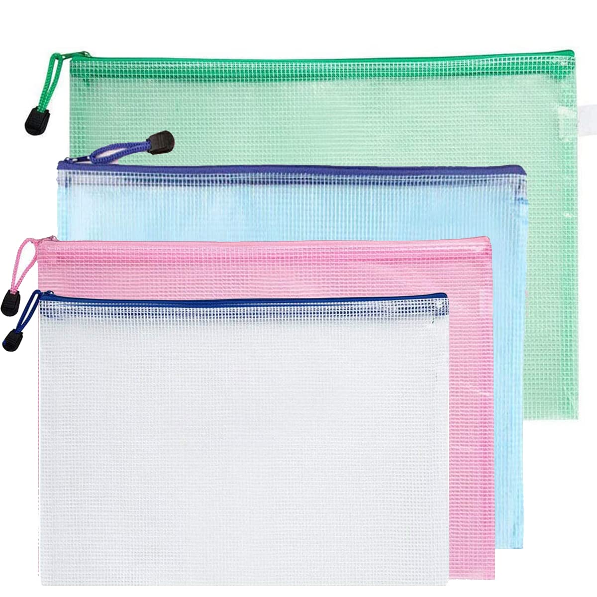 MACHSWON 4Pcs Plastic Wallets File Folder Document Mesh Zipper Bags A3 Zip Bag Multicolor(White Pink Blue Green)
