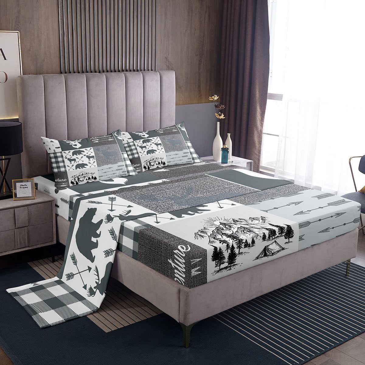 Deer Antlers Sheet Set For Kids, Rustic Plaid Buffalo Patchwork Bed Sheets Queen For Boys Teens Adult Men, Farmhouse Camping Fitted Sheet Hunting Bear Moose Wild Animal Flat Sheet 4 Pcs, Grey White