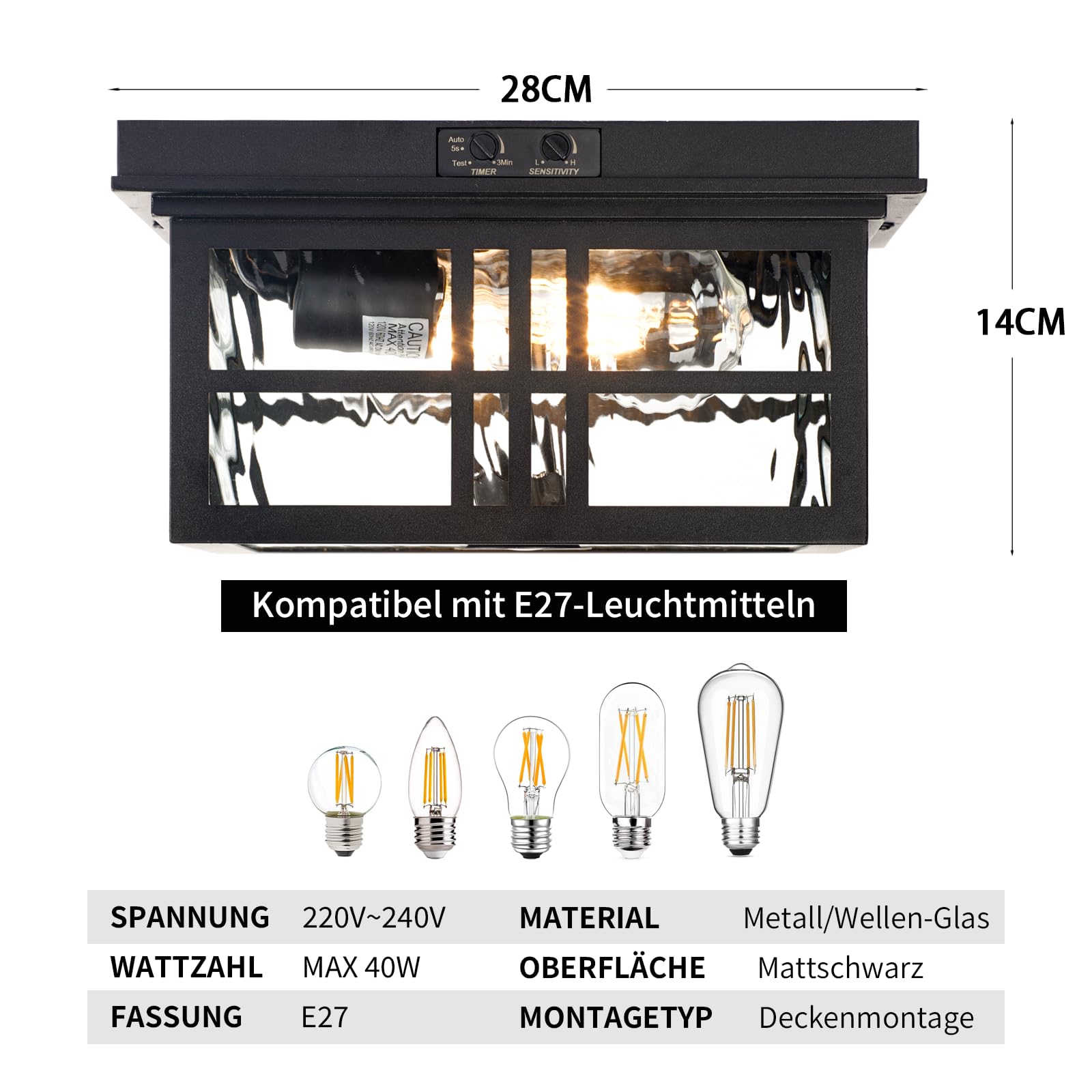 CALOKES Außen-Deckenleuchte mit Bewegungsmelder, bündige Montage. Quadratische schwarze 2-flammige Deckenlampe mit Wasserwellen-Glas, E27-Fassung, ideal für Veranda, Eingangsbereich und Garage
