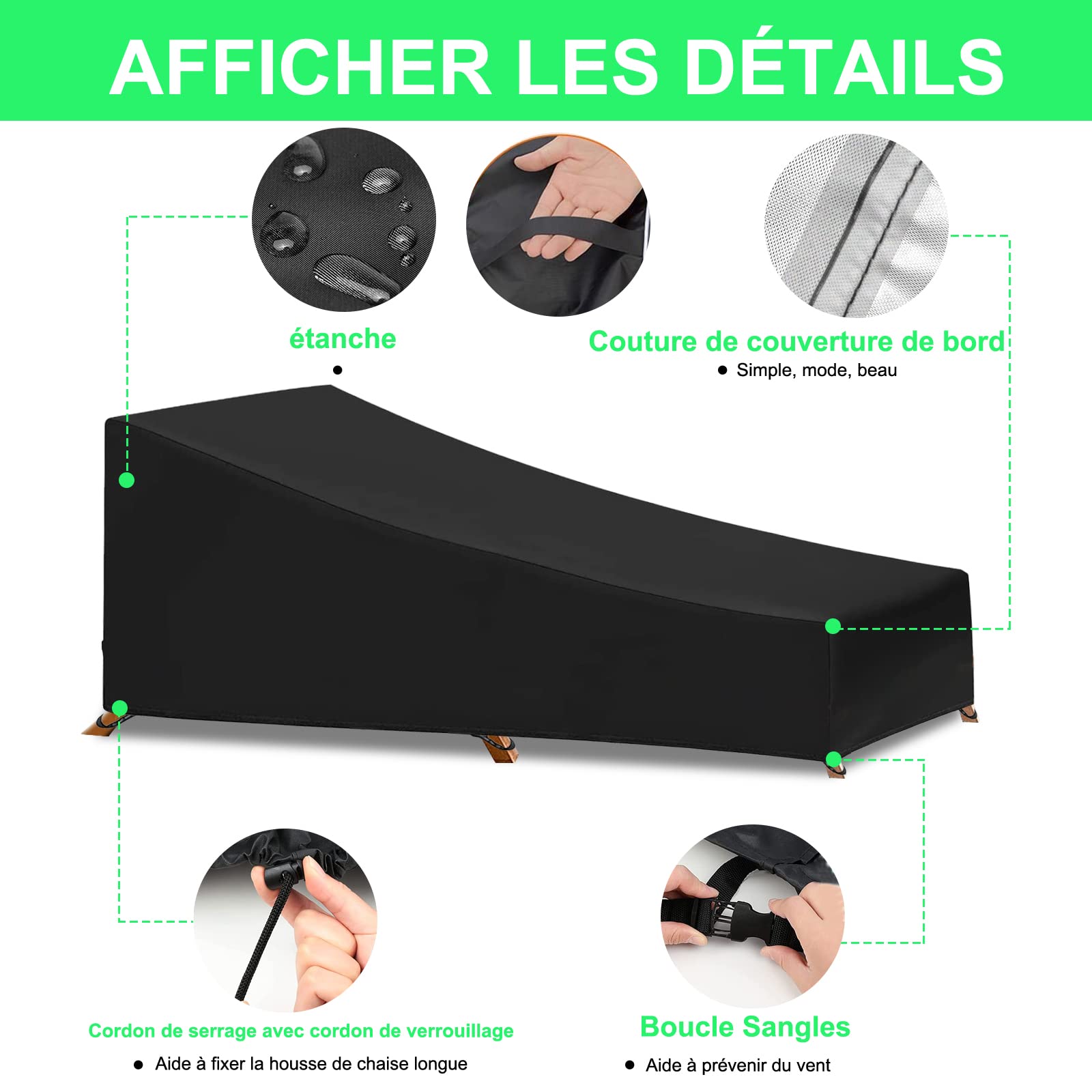 Housse de Chaise Longue de Jardin, 2PCS Housse de Chaise Longue Exterieur Imperméable et Coupe-Vent en Tissu Oxford 210D pour Patio extérieur (200 x 75 x 40/70CM)