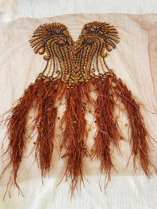 Beautiful Ostrich Fur Decoration Large Full Bodice Applique Pure handsewing Shining Rhinestones Beads lace Trim Patches for Wedding Party Evening Dress Accessories (Brown) by Zbroh - Image 5