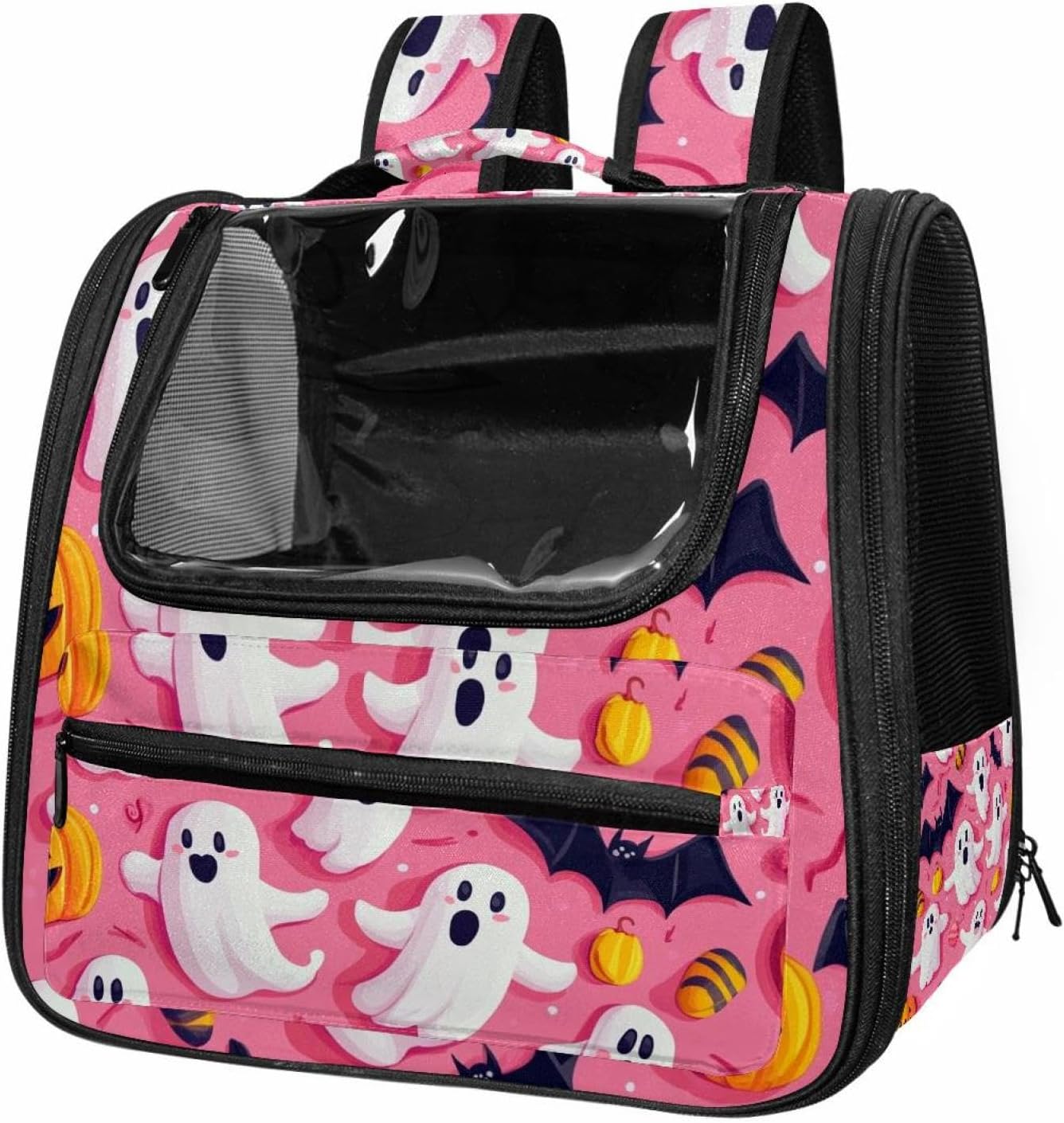 Portable Travel pet Backpack Carrier Hamster Bag Small Dog cat Carrier Breathable Hang Bag, Halloween Bats Candies Pumpkins