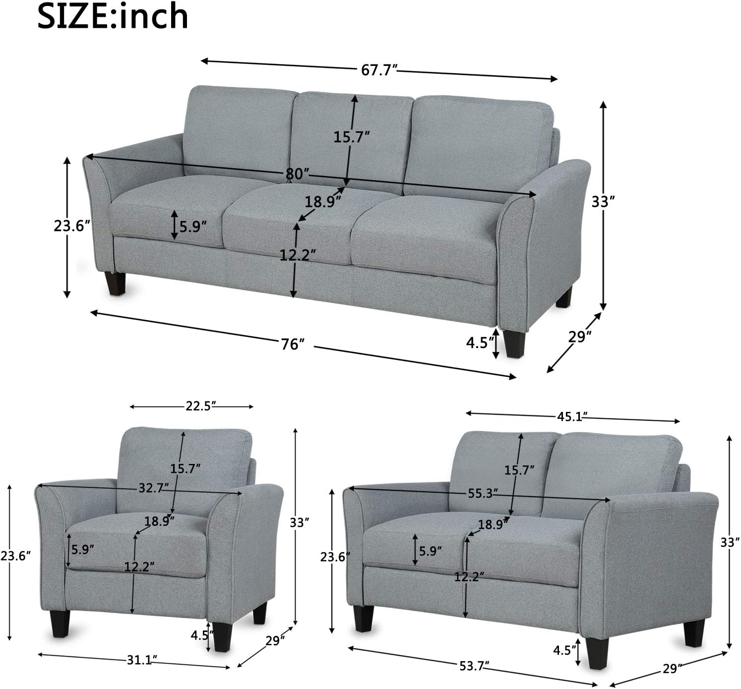 Merax Upholstered Sofas,Single Chair Sofa&Loveseat &3-Seat Sofa,Armrest Sofa Set Living Room Furniture Sets