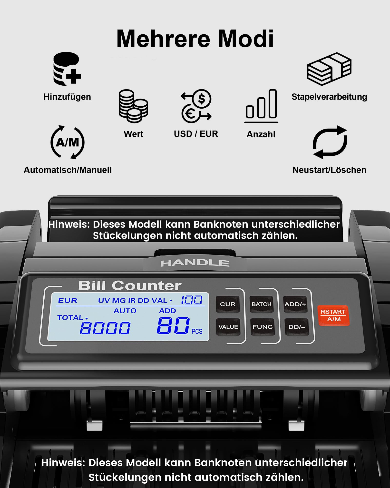 AL1000 Geldzählmaschine, UV/IR/DD/MG Falschgelderkennung, Wertzählung & Batch & Additions Funktionen, LCD-Display, 1200 Banknoten/Min., Unterstützt Mehrere Währungen, Schwar