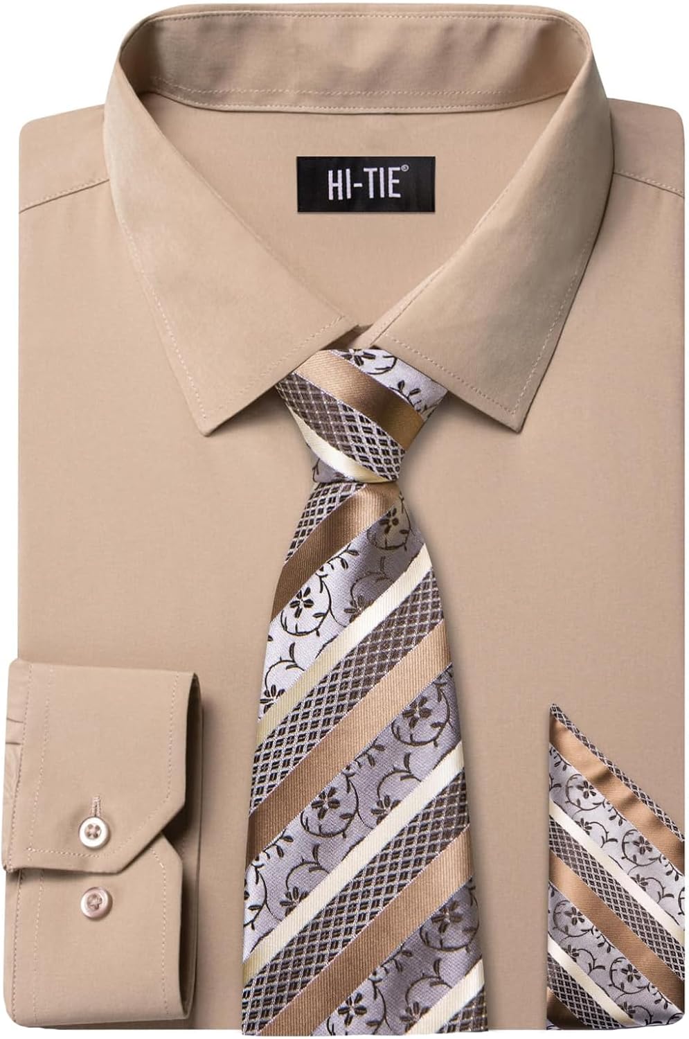 Hi-Tie Mens Dress Shirt with Tie Pocket Square Set Classic Button Down Shirt Matching Tie Long Sleeve Shirts Business Wedding