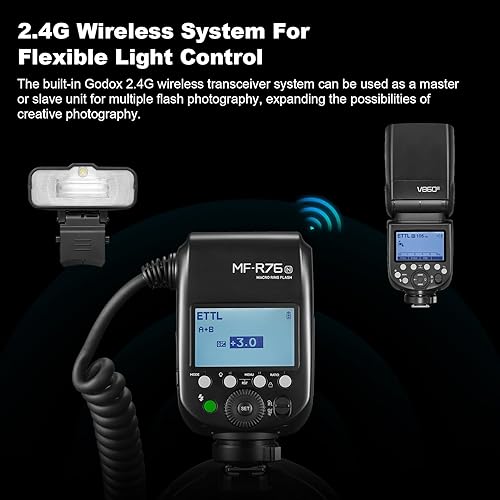 Miniatura 7 de GODOX MF-R76N TTL Macro Ring Flash para Nikon TTLM Modo 5900K 76Ws 2.4G Control inalámbrico 550 Flash de potencia completa 0.1-1s Tiempo de