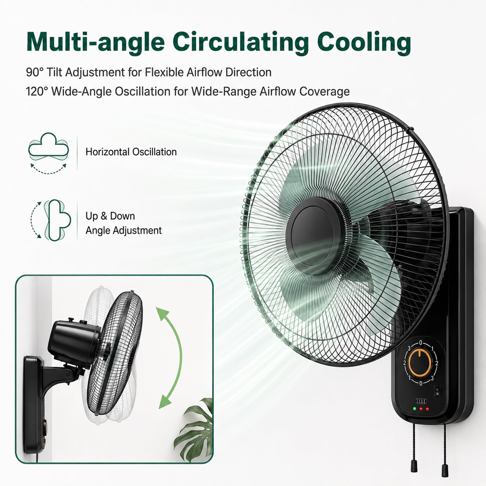 Ventilador Solar de Pared, Ventilador Oscilante y Silencioso de 16 Pulgadas, Sin Consumo Eléctrico, 5 Aspas y 3 Velocidades, para el Hogar, Invernaderos, Garajes y Patios