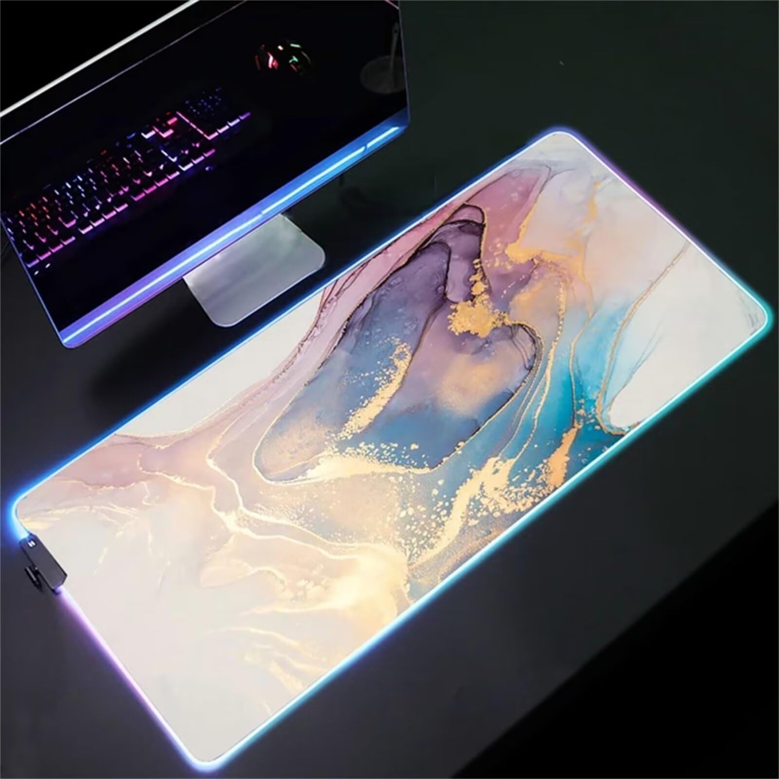 Tappetino per Mouse RGB XXL Grande Tappetino per Mouse da Gioco LED Marmo 900x400x4mm con 14 Modalità di Illuminazione e Base in Gomma Antiscivolo per Giochi Lavoro e Studio