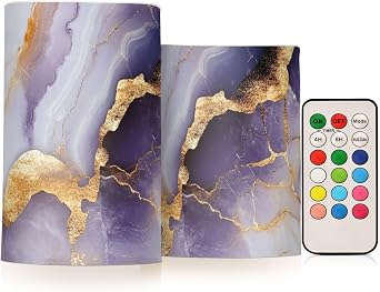 Marble White Purple Flameless Flickering Candles Led Pillar Candles with Remote for Centerpiece 4" 5" Set of 2