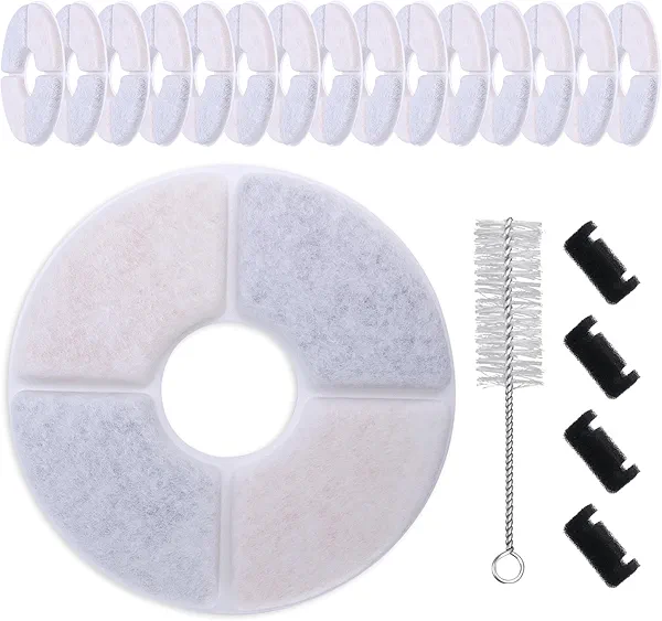 21-Piece Cat Fountain Filter Replacement Kit: Includes 16 Filters, 4 sponges, and 1 Brush. Features Double The Activated Carbon and ion Exchange Resin, Fitting Fits Most pet (not Compatible Catit).